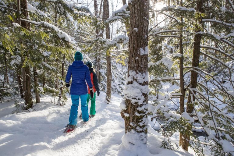 Pair of female friends snowshoeing in forest in Ontario, Canada.