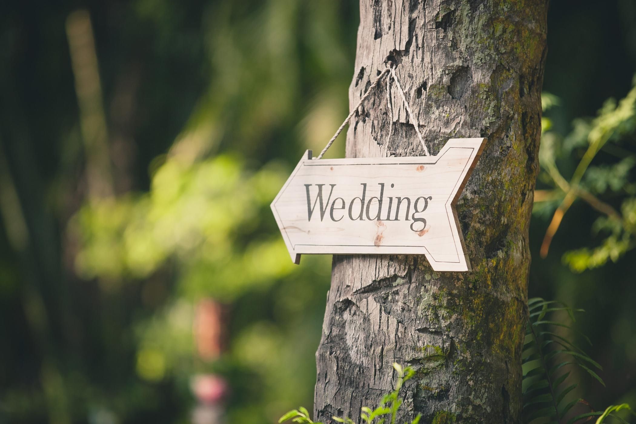Soft focus vintage wedding sign. Handmade wooden board with the inscription Wedding