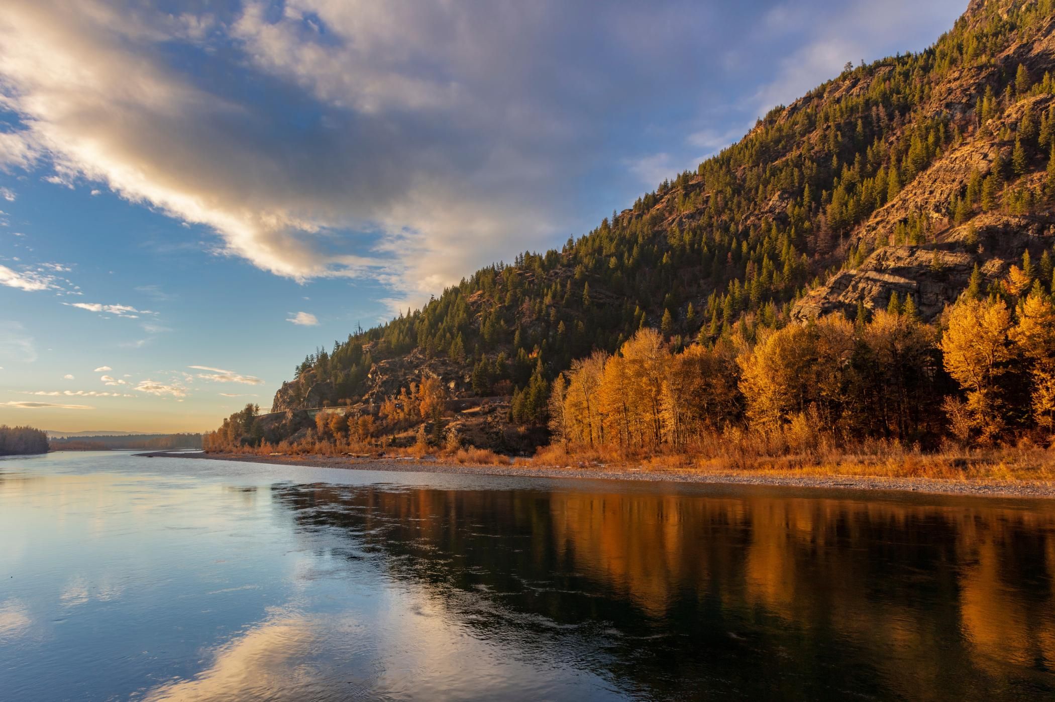 Late light falling on the Flathead River in Bad Rock Canyon near Columbia Falls, Montana, USA